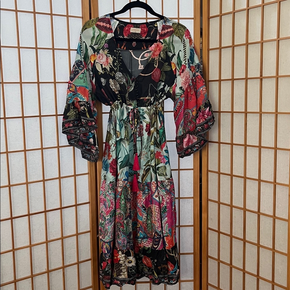 Multicolor Floral Patchwork Midi Dress with Short Sleeves